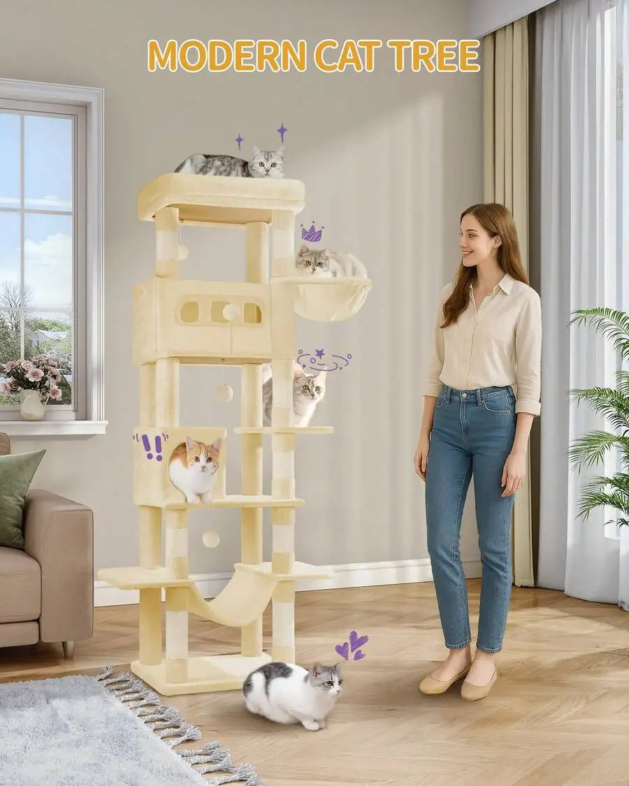 67" Tall Cat Tower For Indoor Cats, Multi-Level House With Condo, 8 Scratching Posts, Hammock, 4 Pom Pom