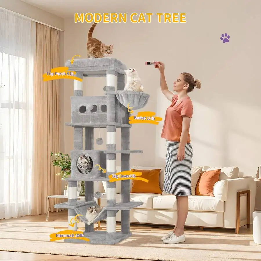 67" Tall Cat Tower For Indoor Cats, Multi-Level House With Condo, 8 Scratching Posts, Hammock, 4 Pom Pom