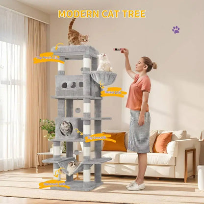 67" Tall Cat Tower For Indoor Cats, Multi-Level House With Condo, 8 Scratching Posts, Hammock, 4 Pom Pom