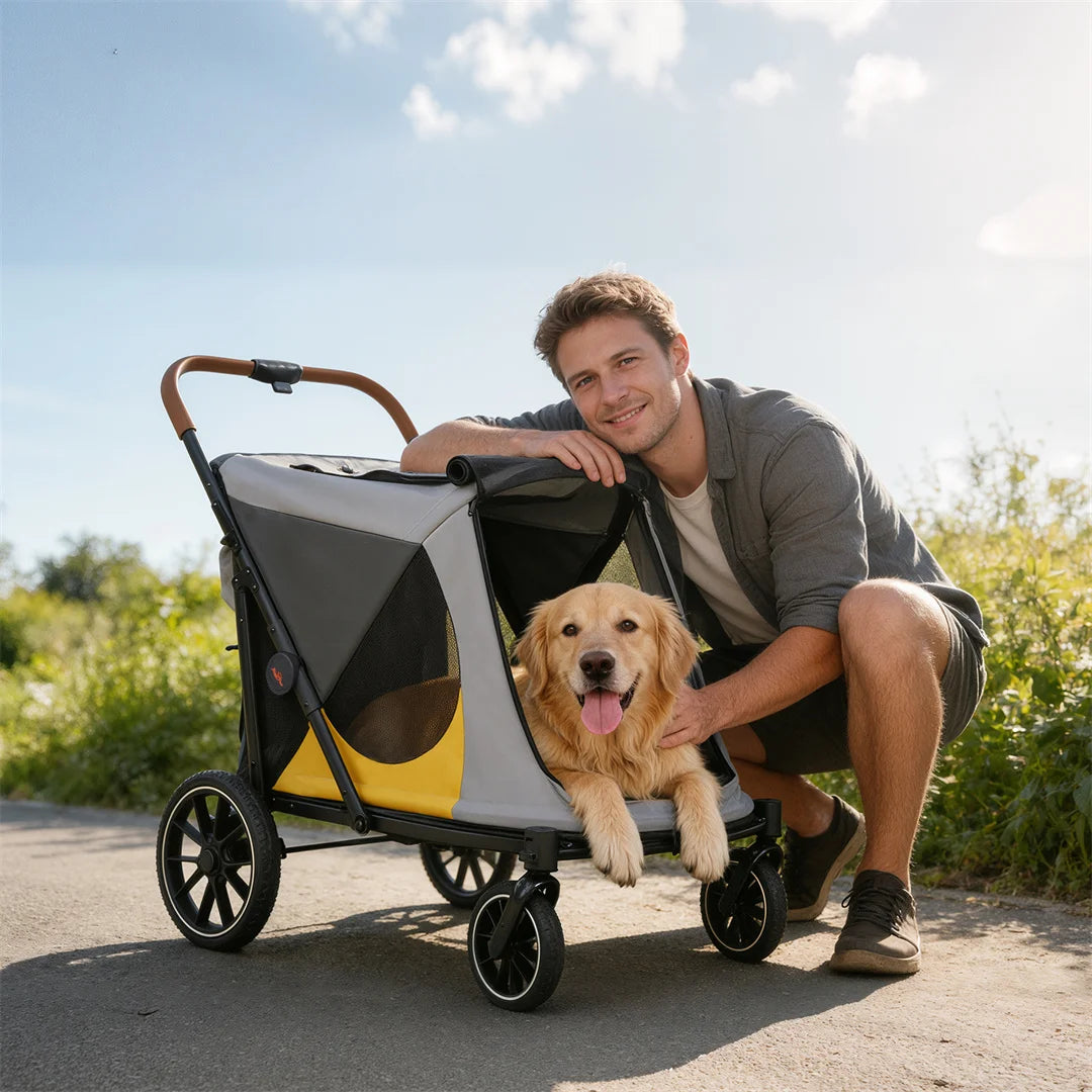 Portable Dog Stroller for Large Dogs: Outdoor Pet Stroller with One-Click Folding Dual Entry Pet Stroller Jogger Cart on Wheels, Storage Pockets,