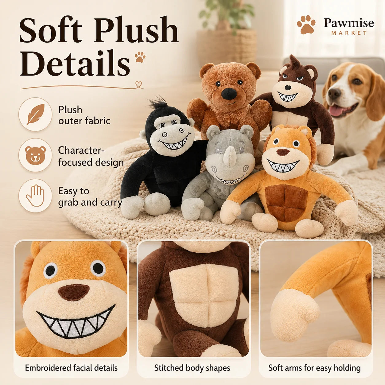 5-Piece Squeaky Plush Pet Toys Set - Lion, Bear, Rhino, Monkey & Chimpanzee - Durable Soft Chew Toys for Dogs & Cats