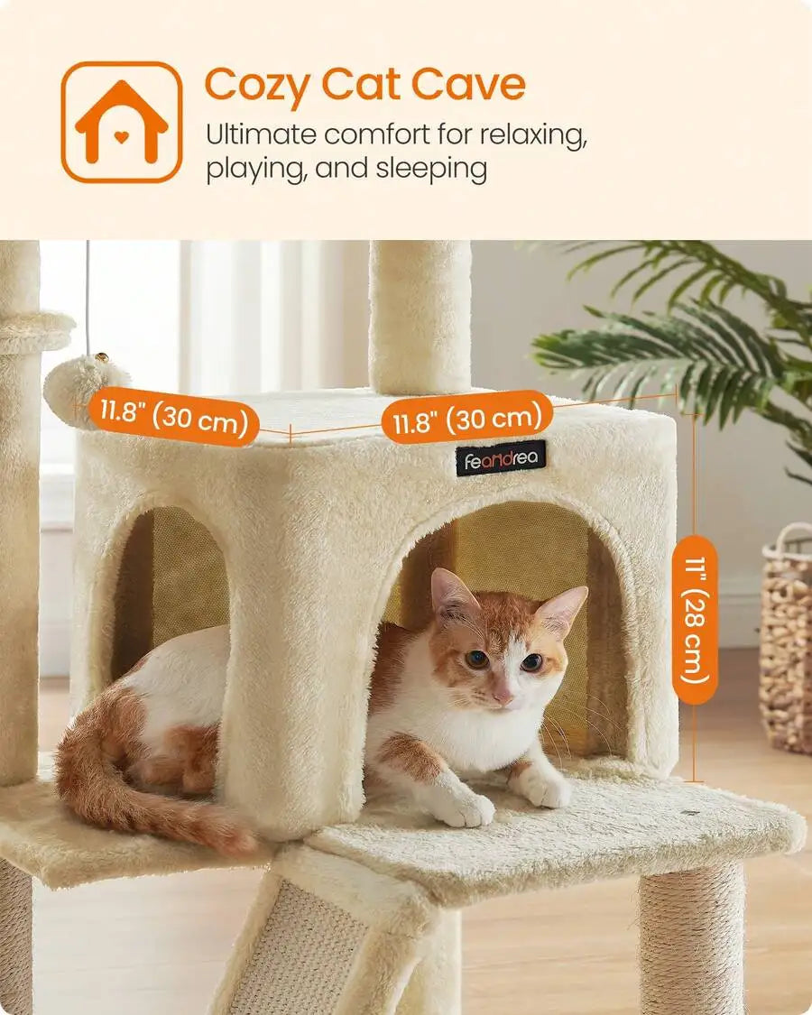 37.8-Inch Cat Tower, Multi-Level Condo With Widened Perch, Scratching Posts And Ramp, 2-Door Cave, Hammock