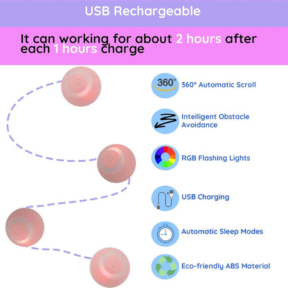 Automatic Active Rolling Ball for Dogs. Self Moving Balls, Interactive Ball Toy with LED Lights, USB Rechargeable, Silicone Surface (Pink)