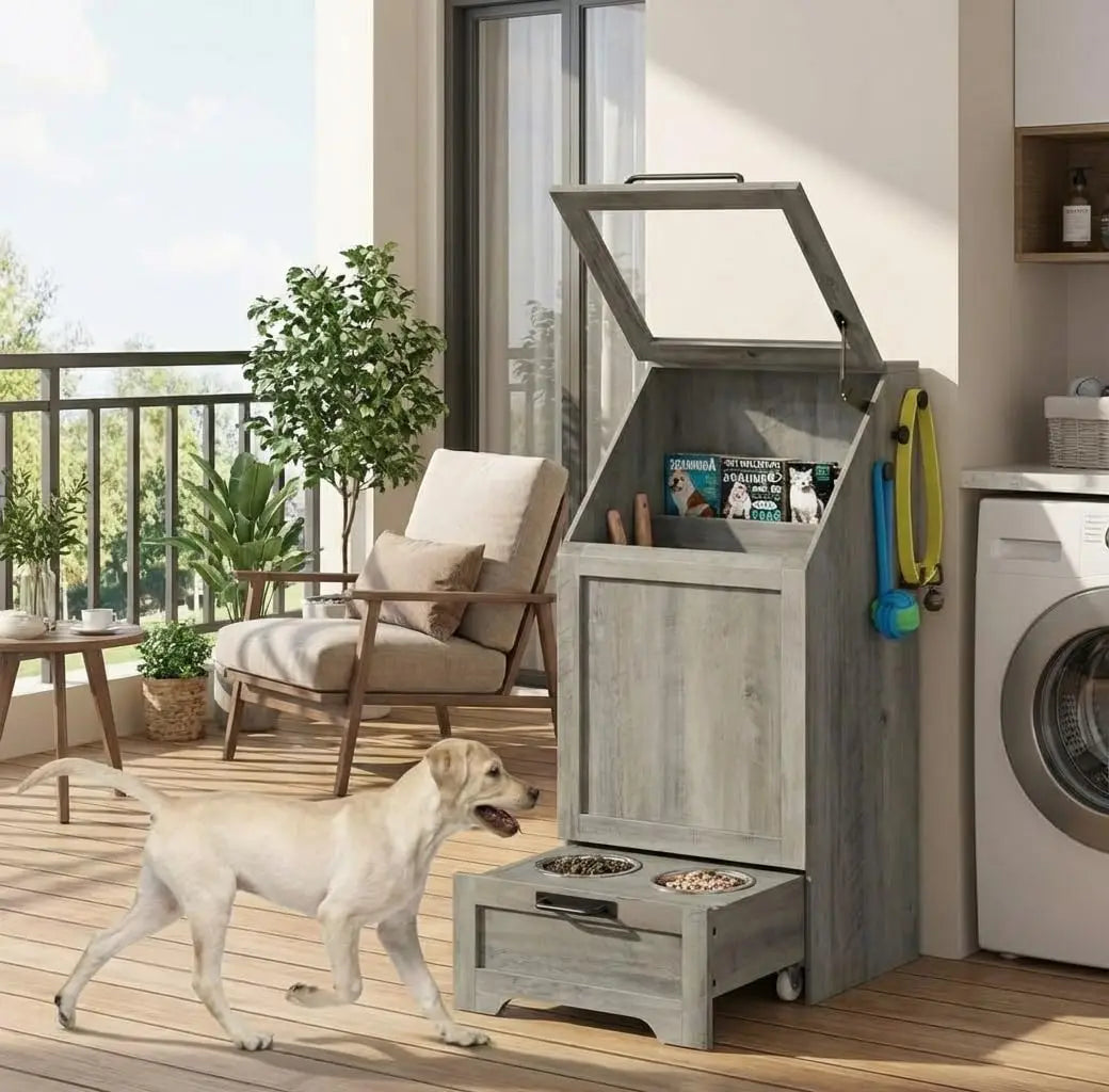 Pet Feeding Station with Raised Bowls and Food Storage Cabinet