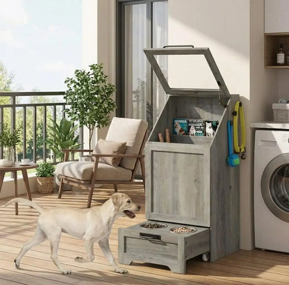 Pet Feeding Station with Raised Bowls and Food Storage Cabinet