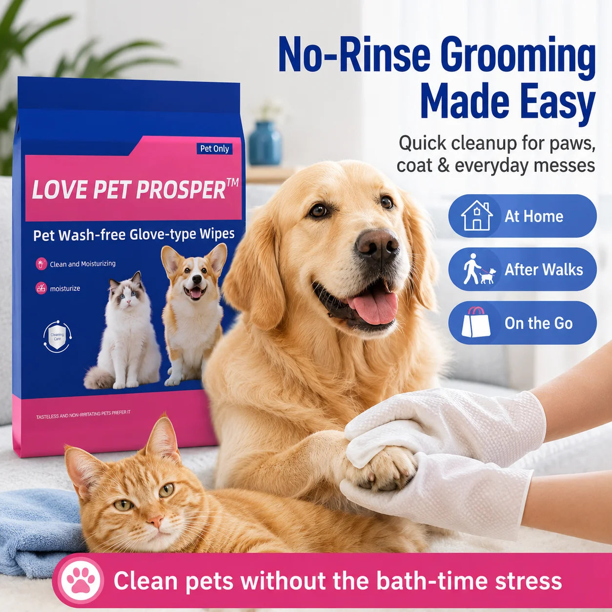 Disposable Textured Pet Bath Wipes for Paws, Coat, Dander & Odor Control, Soft Moisturizing Deodorizing Pet Wipes, 10 Count