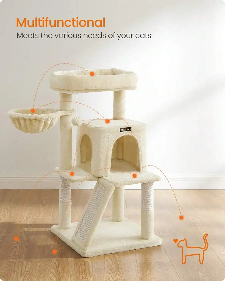 37.8-Inch Cat Tower, Multi-Level Condo With Widened Perch, Scratching Posts And Ramp, 2-Door Cave, Hammock