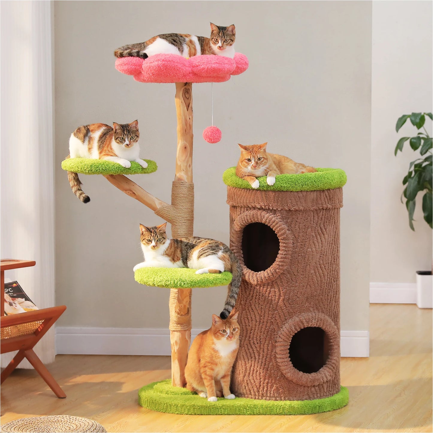 Large Cat Tree with 4 Spacious Condos Thick Scratching Post Flower Top Bed,  Indoor Luxury Cat House