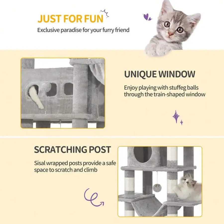 67" Tall Cat Tower For Indoor Cats, Multi-Level House With Condo, 8 Scratching Posts, Hammock, 4 Pom Pom