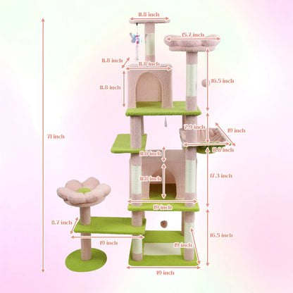 71" Tall Flower Cat Tree for Large Cats, 7-Level Climbing Tower with Extra Large Condo & Wide Hammock, Unique Horizontal Scratching Pad,