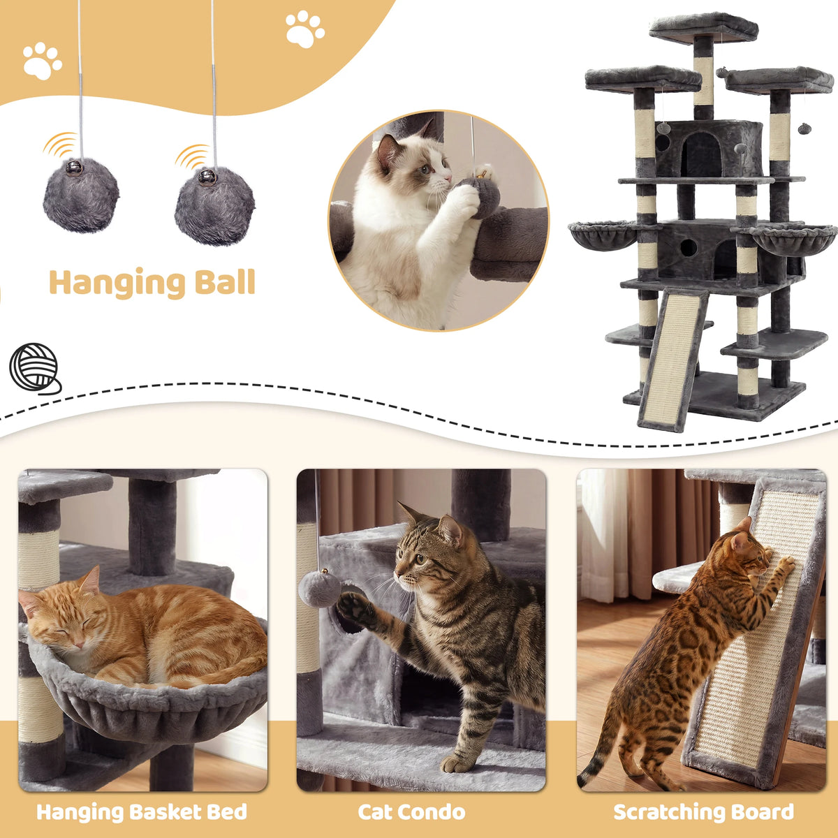 FOOWIN 68in Large Multi Level Cat Tree Tower Indoor Activity Center 2 Condos 3 Plush Perches Scratching Post