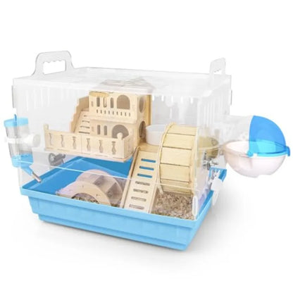 8 in 1 Acrylic Hamster Cage, 2-Tier Dwarf Hamster Cage with Wooden Wheel and Hideout,