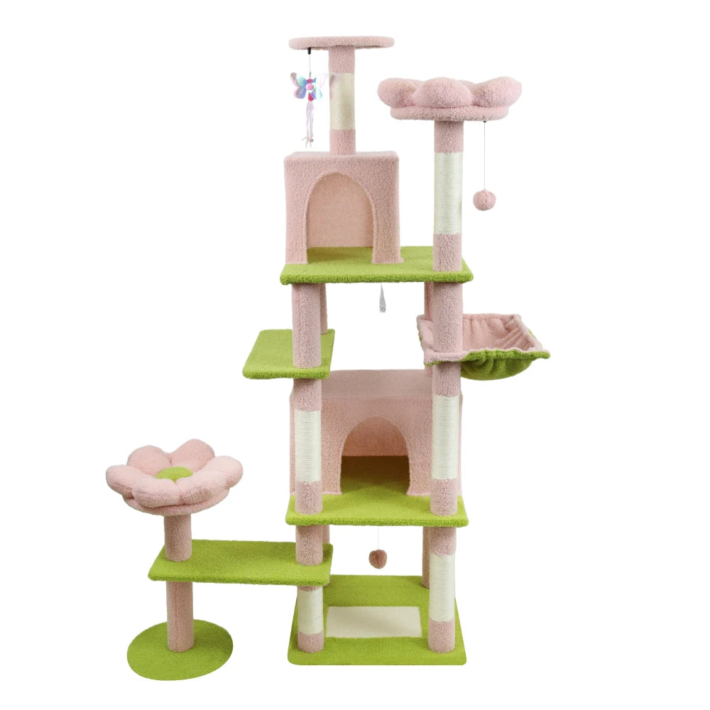 71" Tall Flower Cat Tree for Large Cats, 7-Level Climbing Tower with Extra Large Condo & Wide Hammock, Unique Horizontal Scratching Pad,
