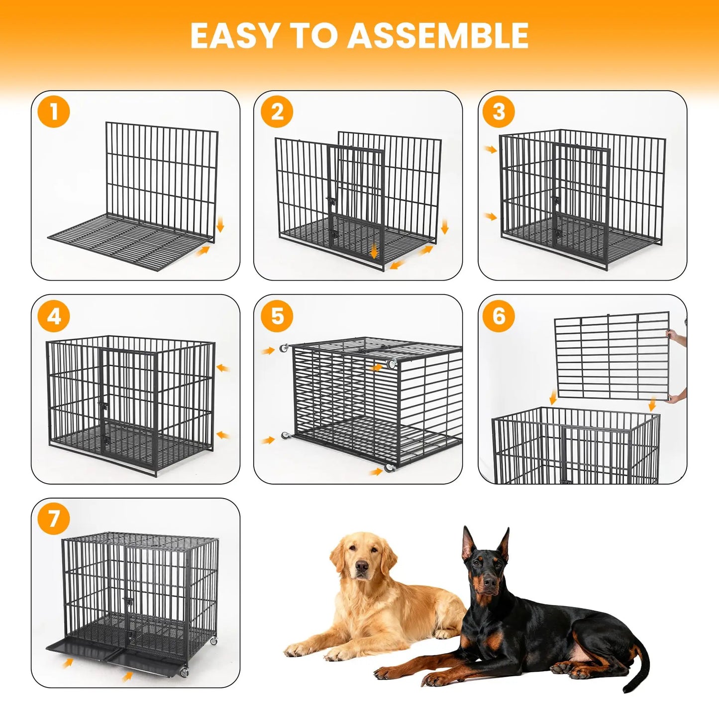 Heavy Duty Escape-Proof Metal Dog Crate with 3 Doors, Removable Tray, Locking Wheels