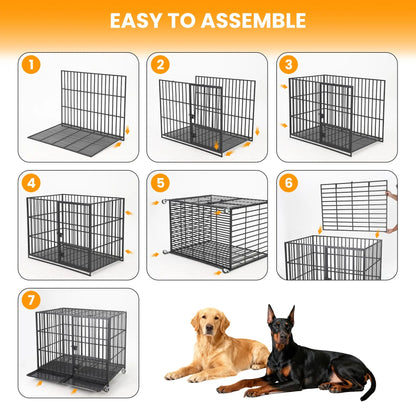 Heavy Duty Escape-Proof Metal Dog Crate with 3 Doors, Removable Tray, Locking Wheels