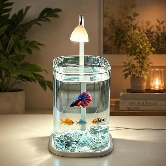 Transparent Mini Fish Bowl Desktop Creative Ecosystem Betta Tank, Crystal Stone Pearl Rhinestone Landscape Decor