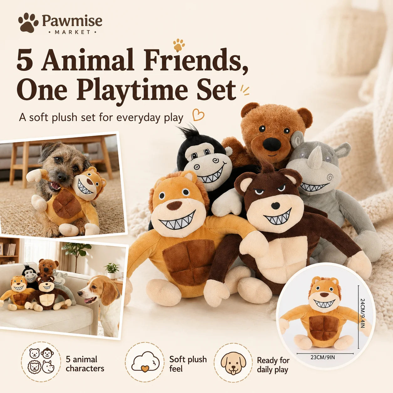 5-Piece Squeaky Plush Pet Toys Set - Lion, Bear, Rhino, Monkey & Chimpanzee - Durable Soft Chew Toys for Dogs & Cats