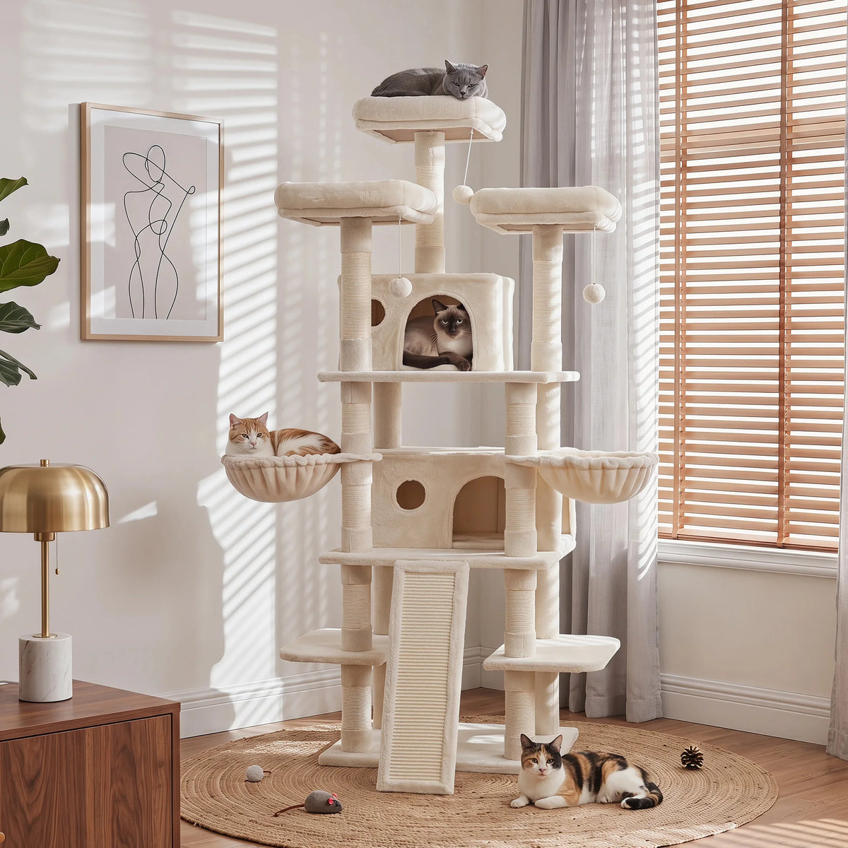 FOOWIN 68in Large Multi Level Cat Tree Tower Indoor Activity Center 2 Condos 3 Plush Perches Scratching Post