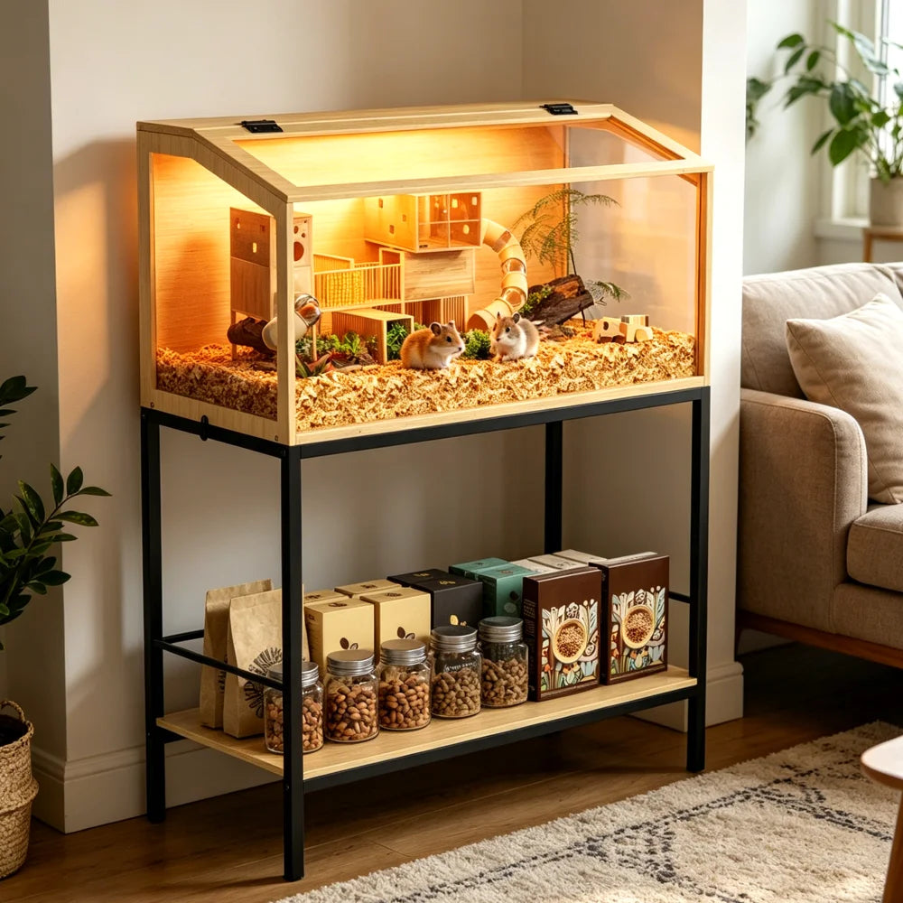 Large Elevated Wooden Hamster Cage with Storage Shelf - Small Animal Cage Habitat Built-in LED Light for Hedgehog Rodent Mice