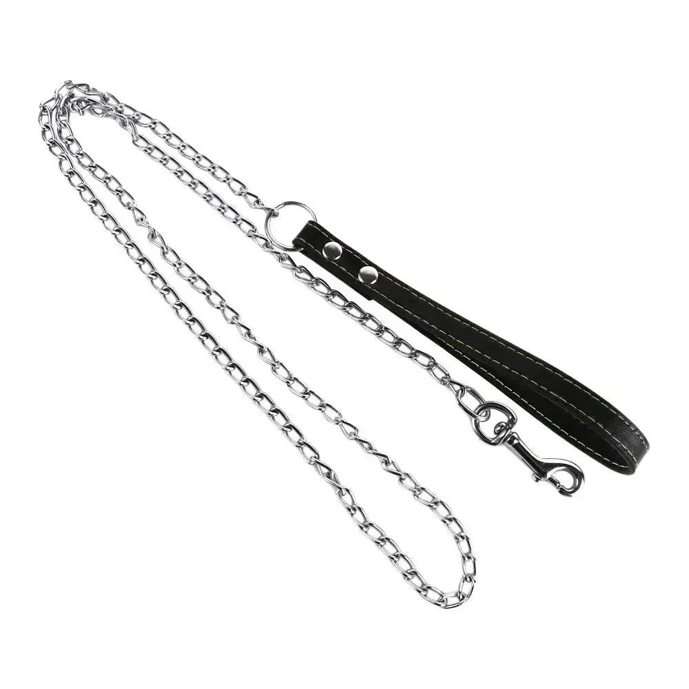 Heavy Duty Metal Chain Dog Lead With Leather Handle Long Strong Control Leash