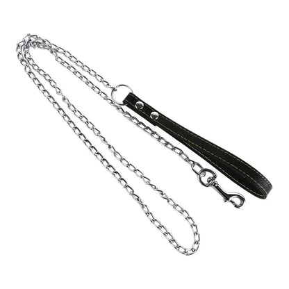 Heavy Duty Metal Chain Dog Lead With Leather Handle Long Strong Control Leash
