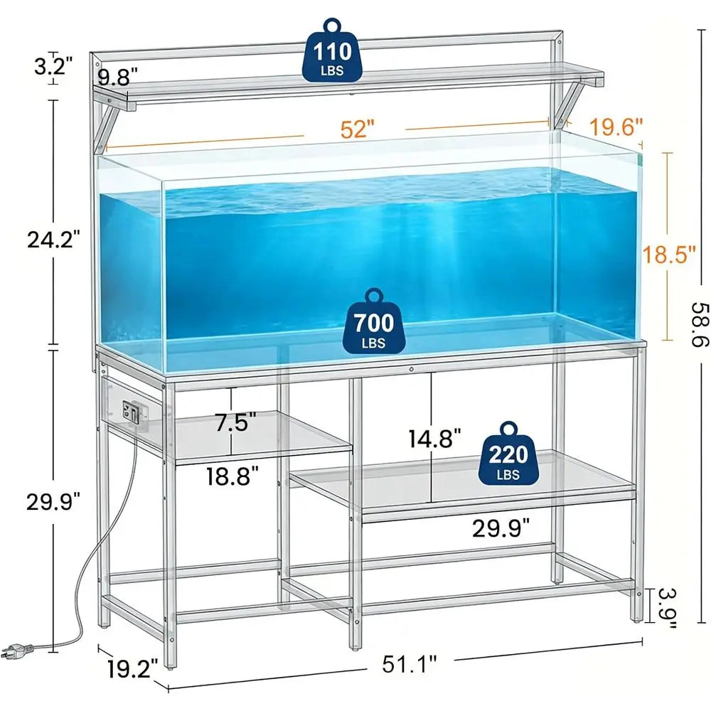 Sturdy 55 Gallon Aquarium Stand with Power Outlet, 6-Leg Support, and 4-Tier Adjustable Shelves for Reptiles