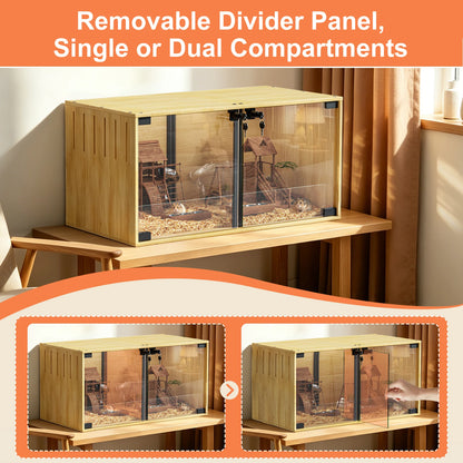 Wooden Hamster Cage Chew-proof Small Animal Habitat Cage with Dual Doors Lock Removable Divider Enclosure