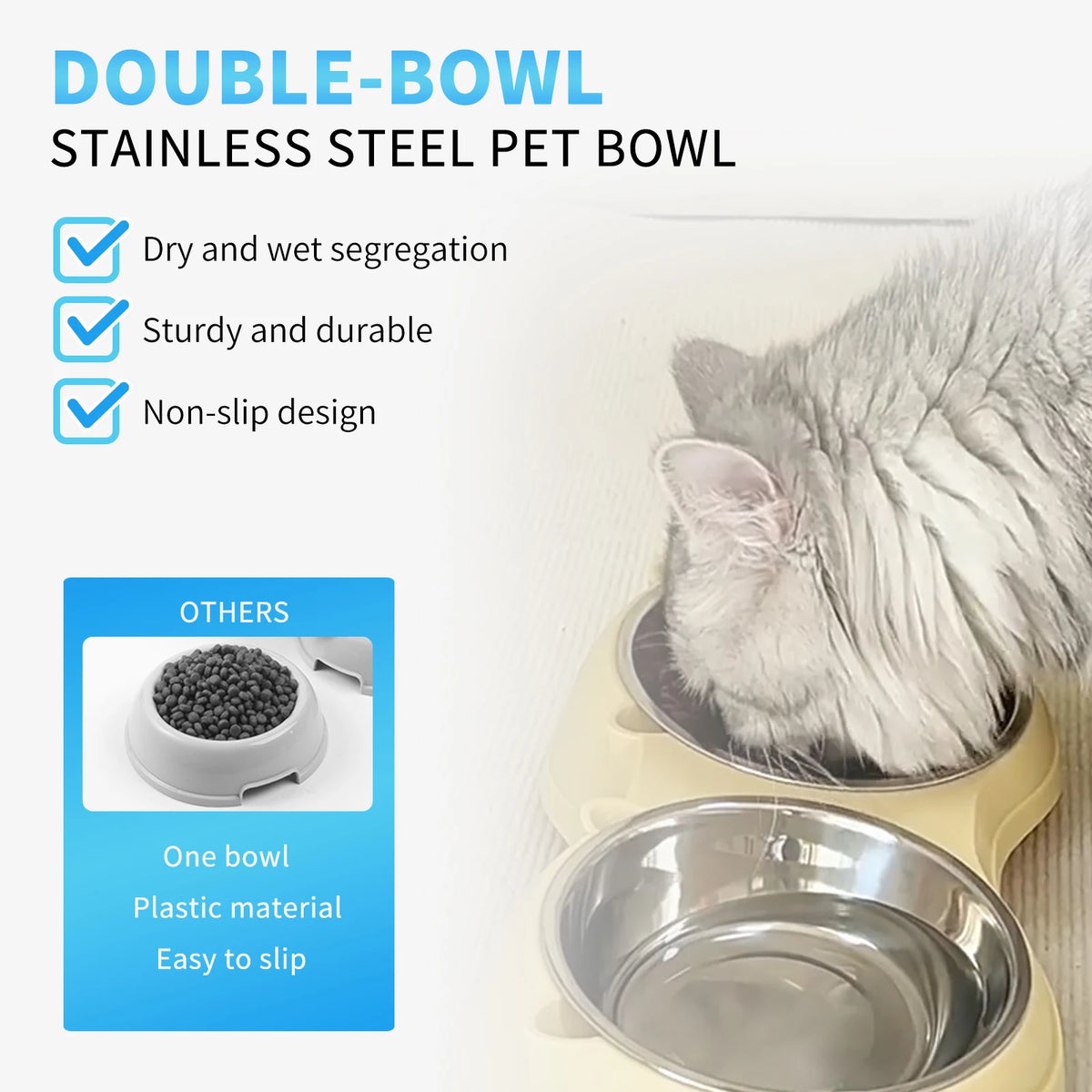 Anti-Slip Pet Food Bowl Double Stainless Steel Cat And Dog Feeder with Non-Skid Base,