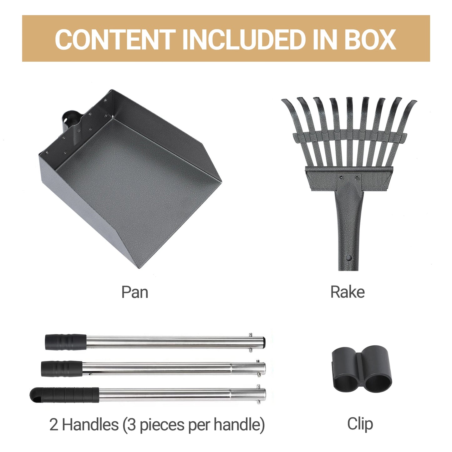 Dog Pooper Scooper Tray and Rake Set, Stainless Handles