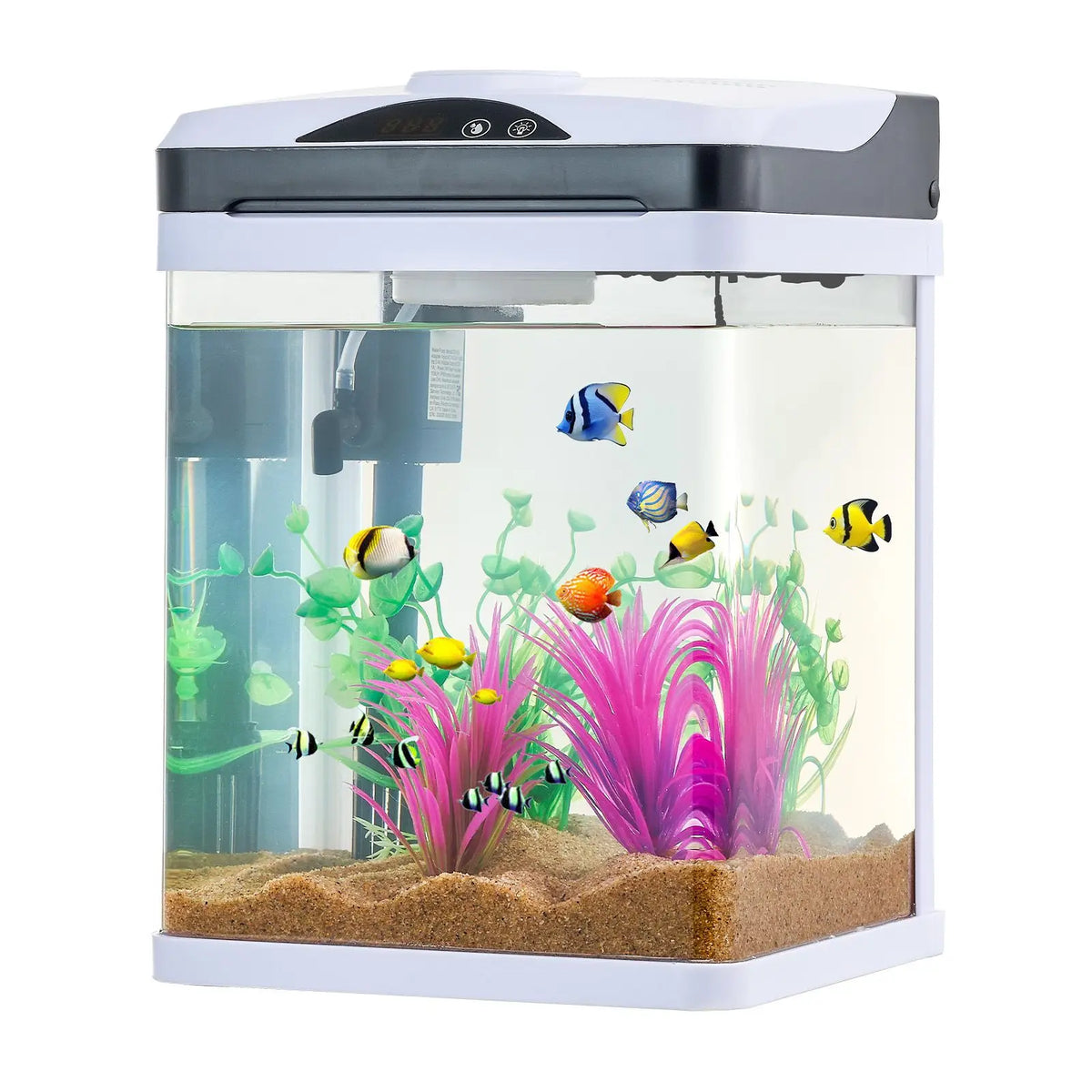 Fish Tank Aquarium, 2 Gallon LED Square Ultra-Clear Glass Tank Temperature Monitoring Adjustable 7 Color Lighting,