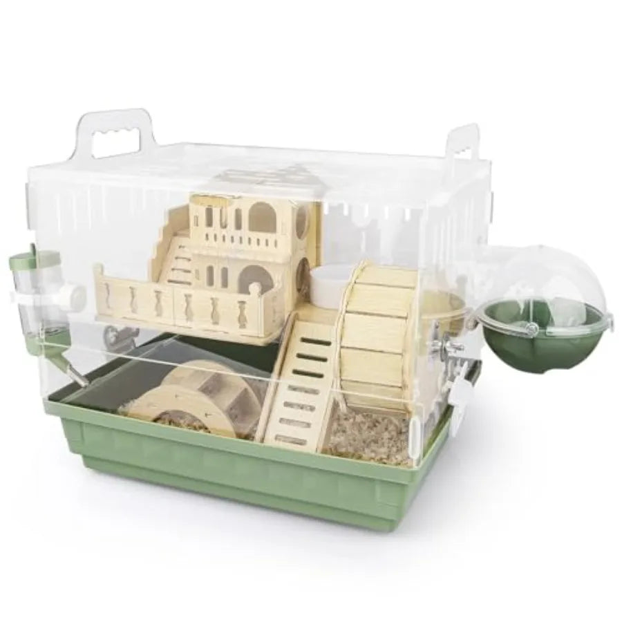 8 in 1 Acrylic Hamster Cage, 2-Tier Dwarf Hamster Cage with Wooden Wheel and Hideout,