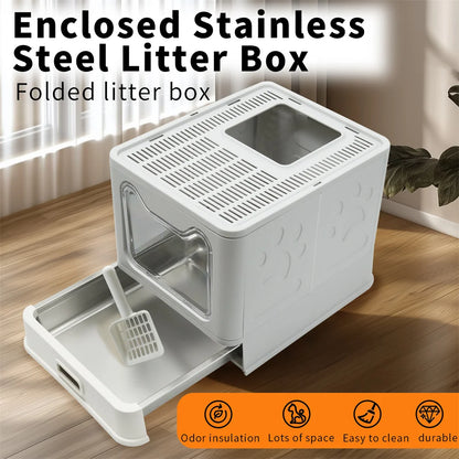 Enclosed Stainless Steel Cat Litter Box with Lid Scoop