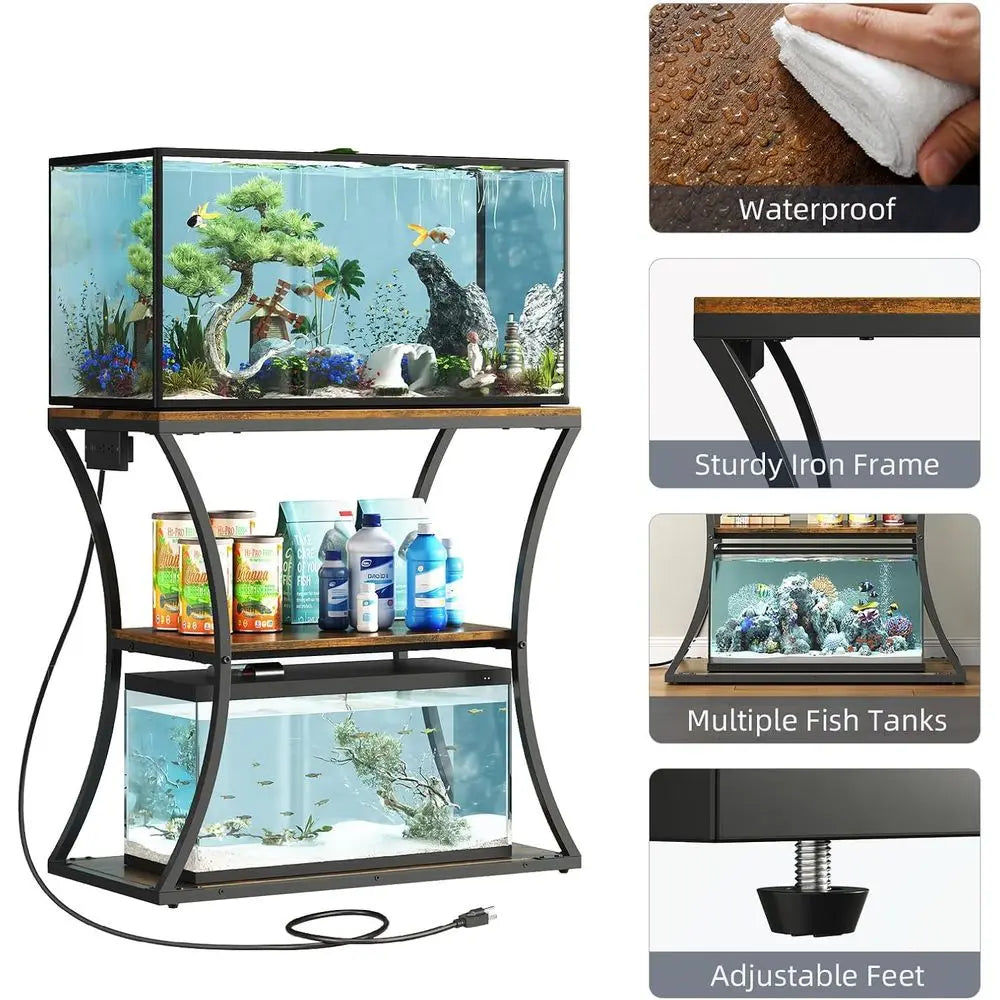20 Gallon Fish Tank Stand with Power Outlet, 3-Tier Aquarium Stand with Storage, Heavy Duty Metal Tank Rack  31.5"