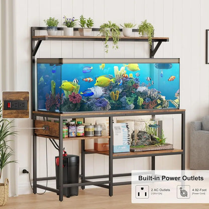 Sturdy 55 Gallon Aquarium Stand with Power Outlet, 6-Leg Support, and 4-Tier Adjustable Shelves for Reptiles