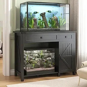40 Gallon Aquarium Stand With Charging Station, Farmhouse Fish Tank Stand, Reptile Tank Stand Terrarium Stand with Drawer and Cabinet