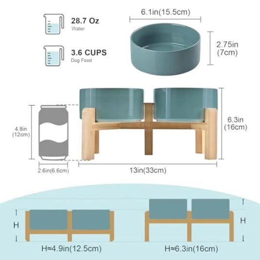 Dogs and Cat Bowls Raised with Non-Slip Bamboo Stand for Medium Sized Breed