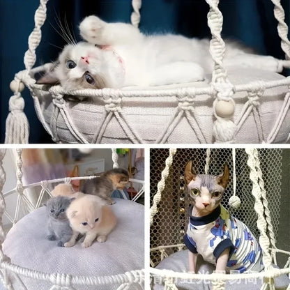 Extra Large Hand-woven Cotton Rope Cat Hammock  Super Load-bearing Durable Fits 2 Cats