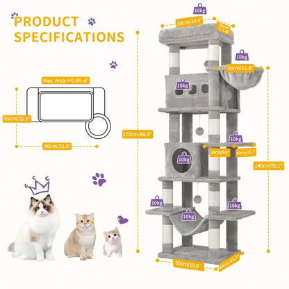 67" Tall Cat Tower For Indoor Cats, Multi-Level House With Condo, 8 Scratching Posts, Hammock, 4 Pom Pom