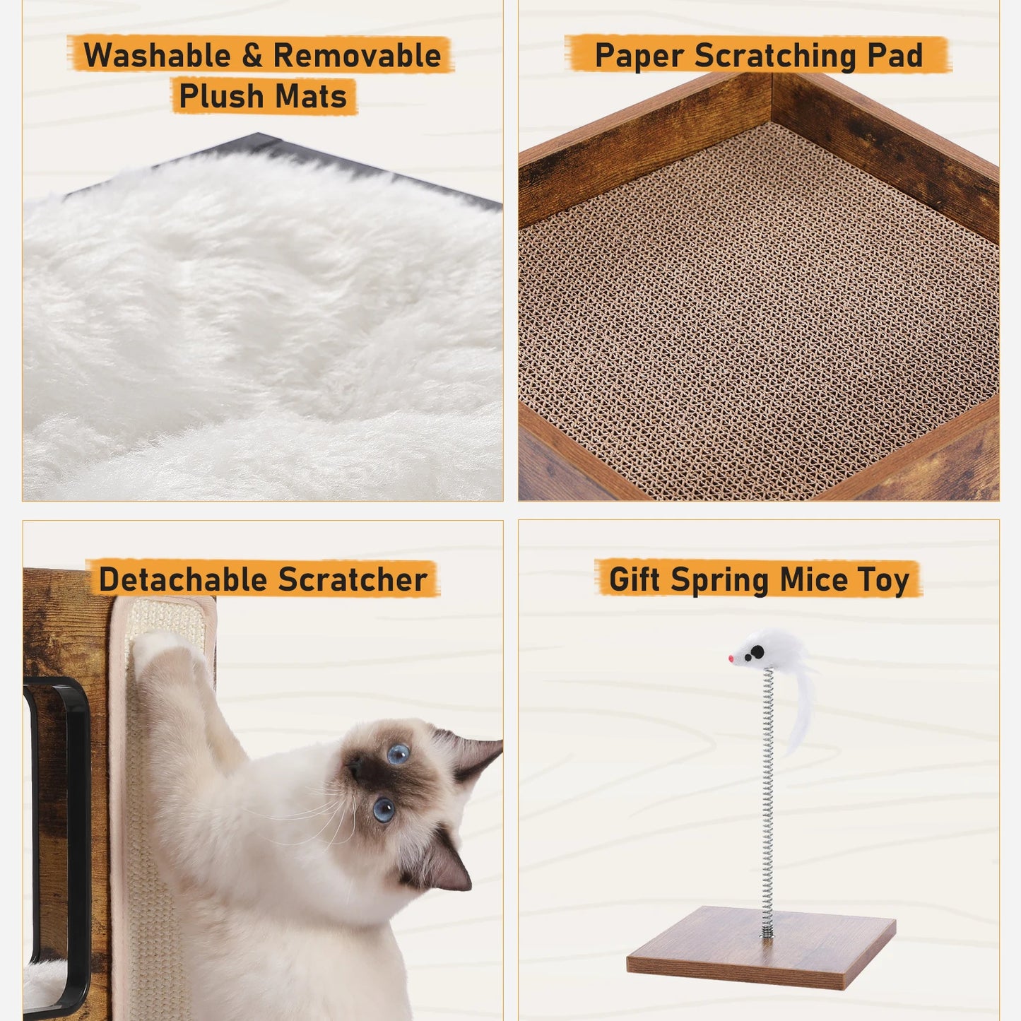 Wood Cat Condo House Bed with Removable Soft Mats Modern Cat Tree Tower with Scratching Pad