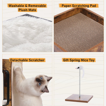 Wood Cat Condo House Bed with Removable Soft Mats Modern Cat Tree Tower with Scratching Pad
