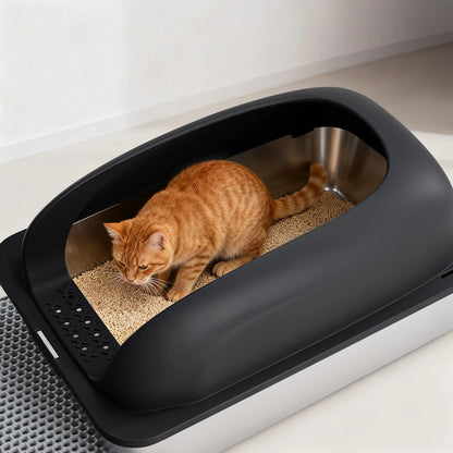 JHK Stainless Steel Cat Litter Box with Lid Scoop and Mat Included