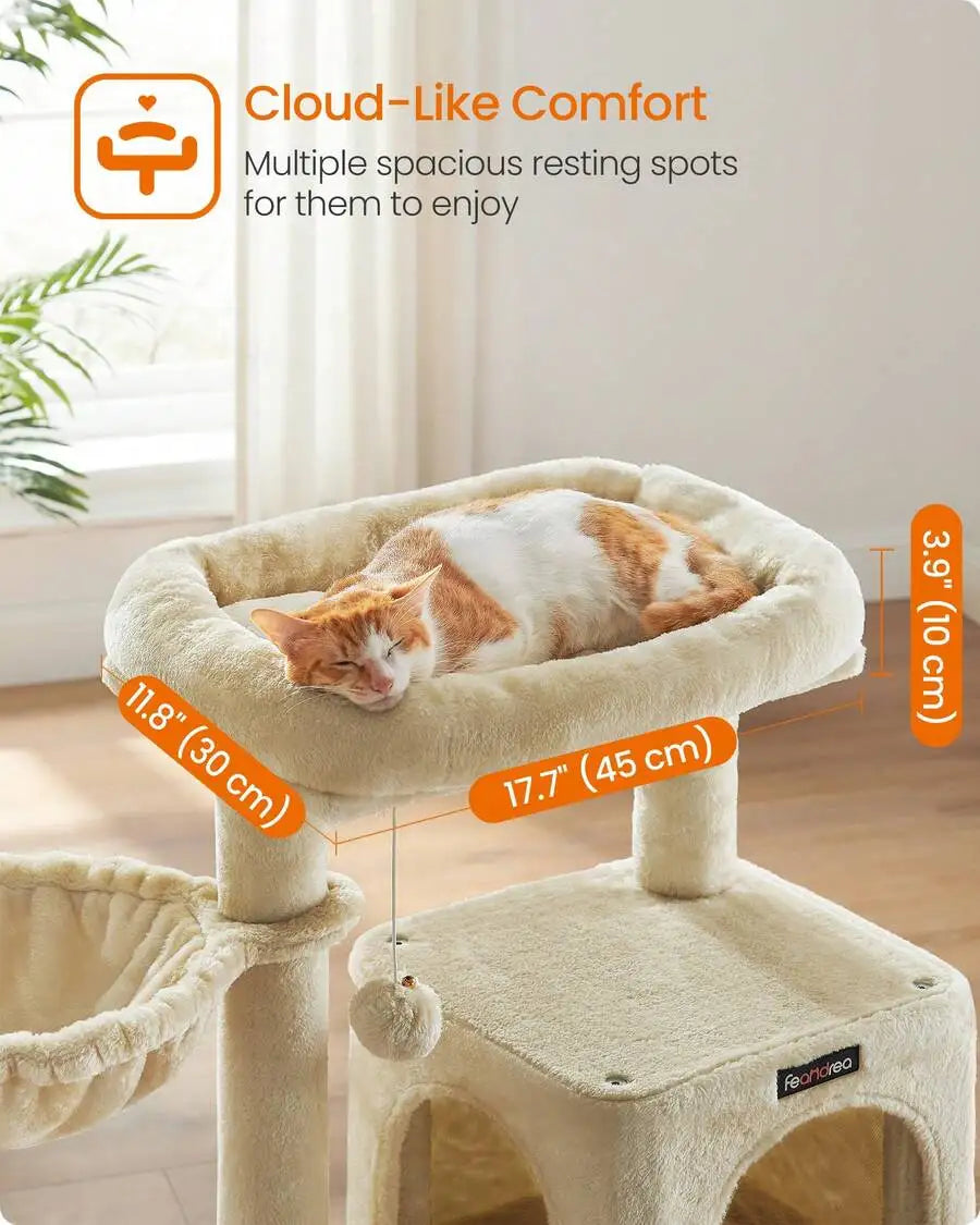 37.8-Inch Cat Tower, Multi-Level Condo With Widened Perch, Scratching Posts And Ramp, 2-Door Cave, Hammock