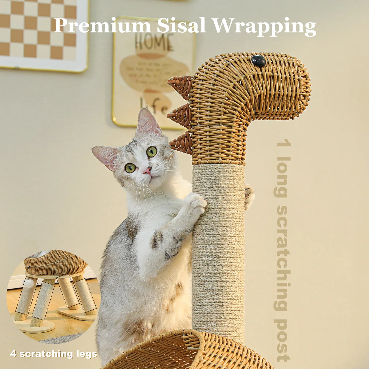 Dinosaur Cat Tree Tower with Sisal Scratching Post Large Rattan Cat Condo