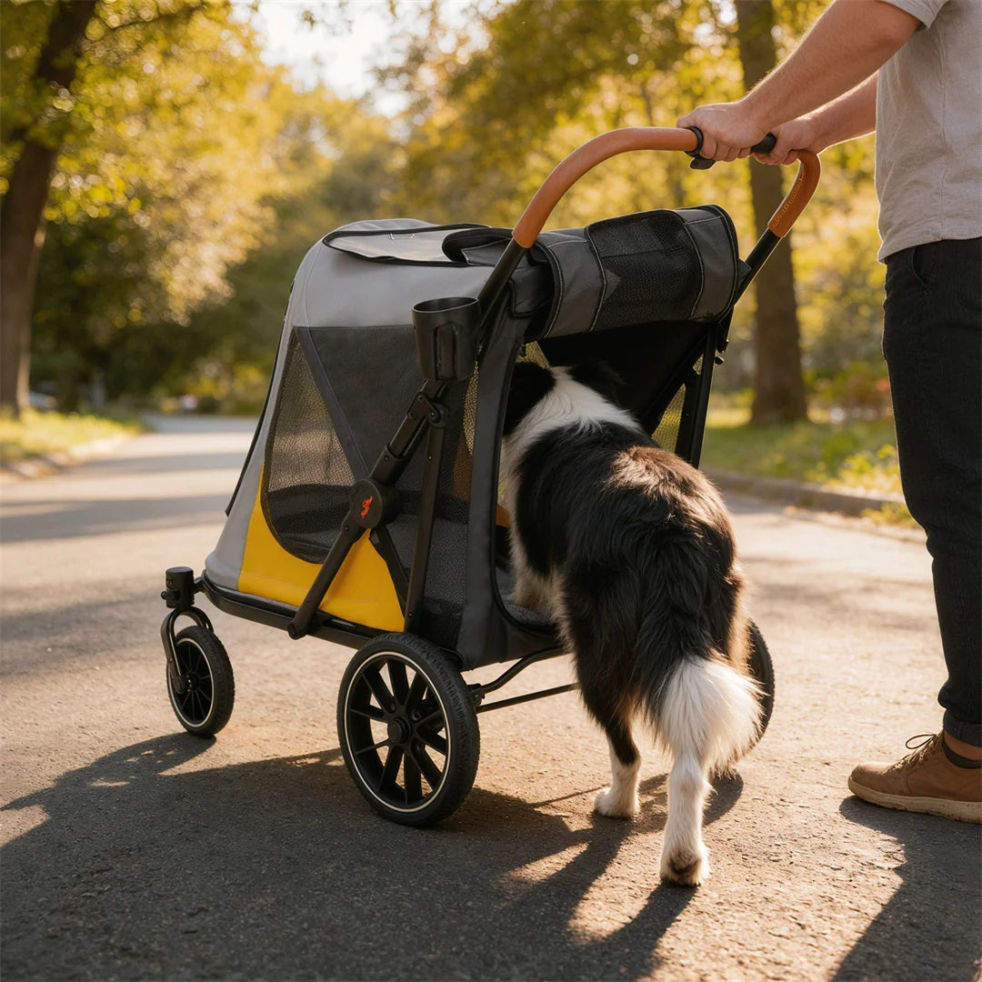 Portable Dog Stroller for Large Dogs: Outdoor Pet Stroller with One-Click Folding Dual Entry Pet Stroller Jogger Cart on Wheels, Storage Pockets,