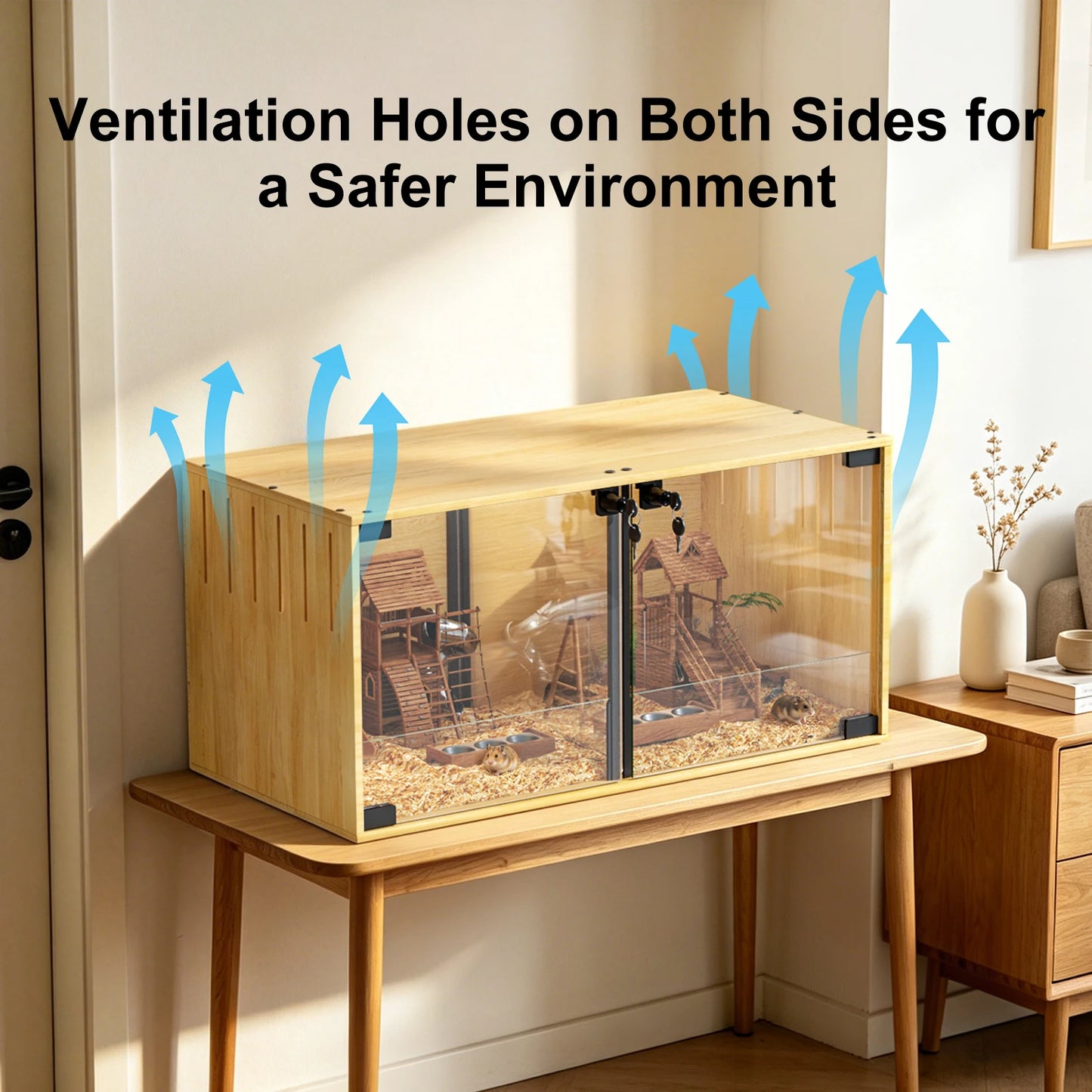 Wooden Hamster Cage Chew-proof Small Animal Habitat Cage with Dual Doors Lock Removable Divider Enclosure