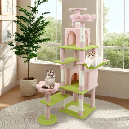 71" Tall Flower Cat Tree for Large Cats, 7-Level Climbing Tower with Extra Large Condo & Wide Hammock, Unique Horizontal Scratching Pad,