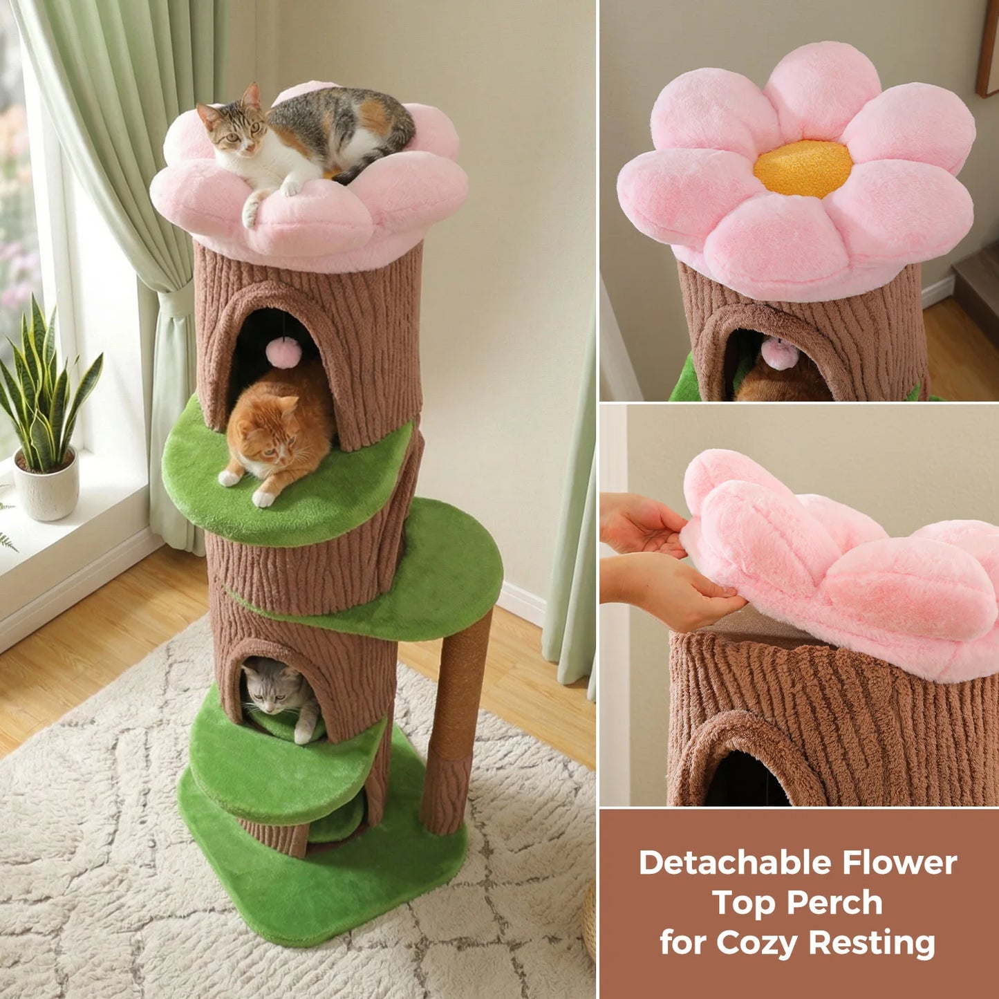 Large Cat Tree with 4 Spacious Condos Thick Scratching Post Flower Top Bed,  Indoor Luxury Cat House