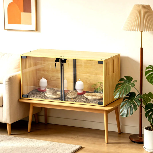 Wooden Hamster Guinea Pigs Cage Mice and Rat Habitat with Removable Divider Tempered Glass Panels Chew-proof
