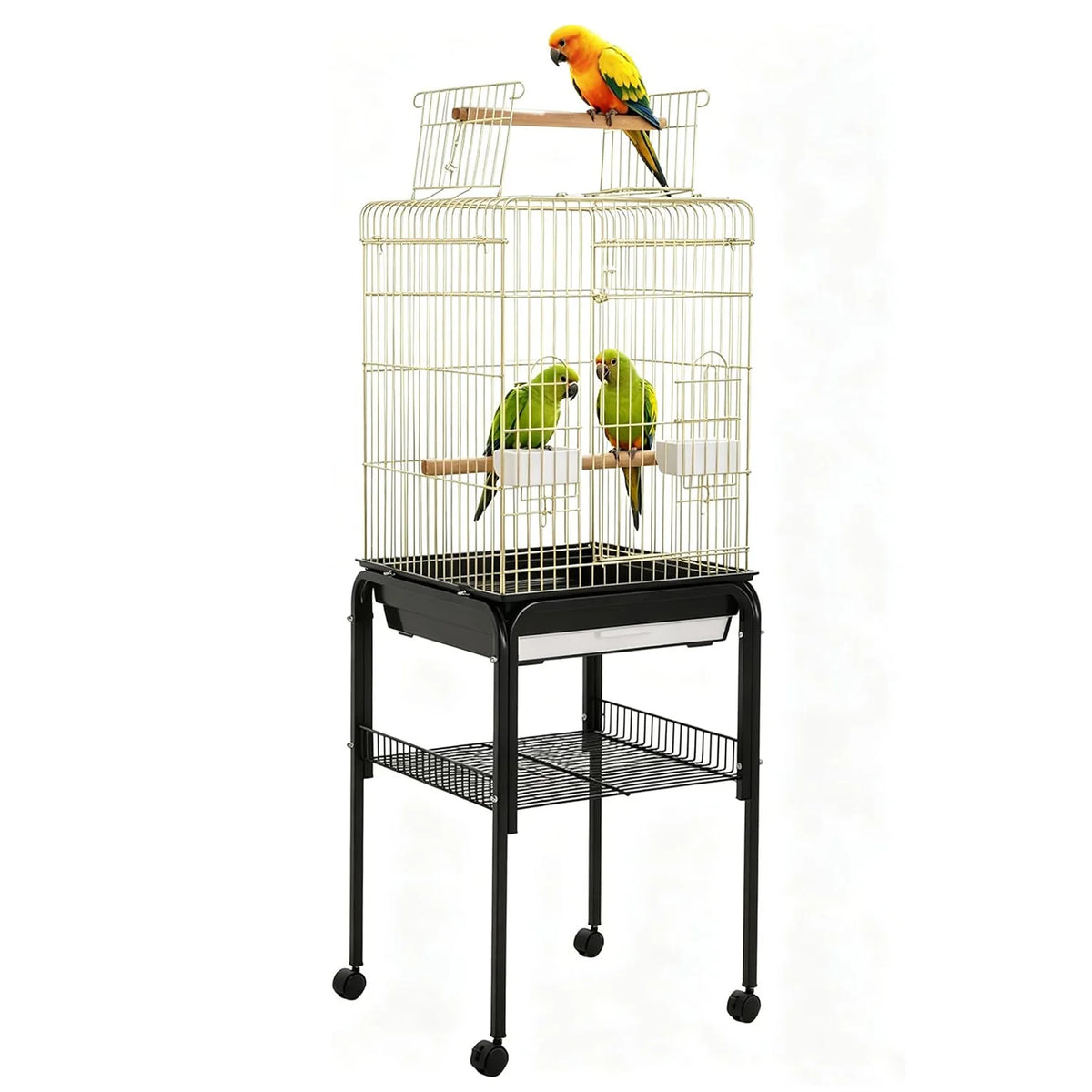 57‘’H Open-Top Bird Cage with Detachable Rolling Stand, With Slide-Out Tray,Storage Shelf,