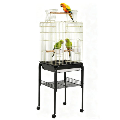 57‘’H Open-Top Bird Cage with Detachable Rolling Stand, With Slide-Out Tray,Storage Shelf,